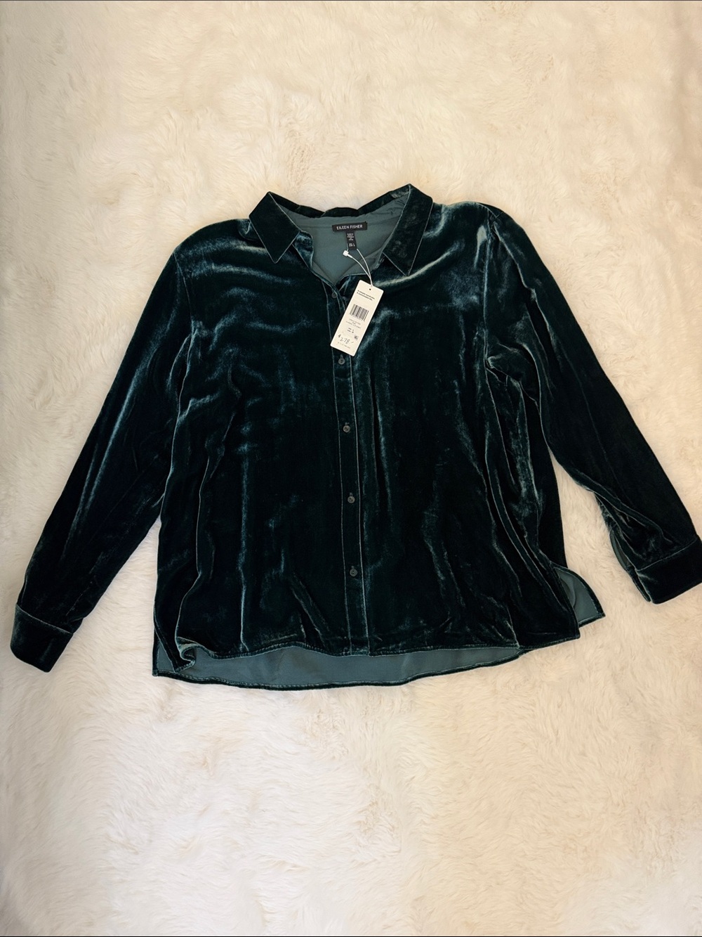 NWT Eileen Fisher Pine Green Velvet Silk Luxe Button Front Top - Picture 5 of 12